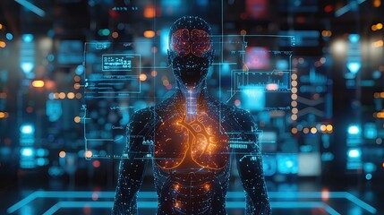 Poster - Futuristic humanoid robot with digital interface showcasing artificial intelligence and advanced technology in a high-tech environment.