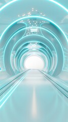 Wall Mural - A long, narrow, white tunnel with blue lighting