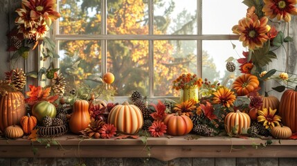 Wall Mural - Fall windowsill backdrop and decoration area.