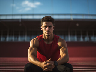 Wall Mural - Young athlete man stretching and relaxing, getting ready for a run on the stadium track