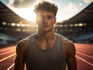 Wall Mural - Young athlete man stretching and relaxing, preparing to run on the stadium track