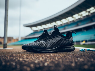 Poster - Stadium background with black sneakers and a water bottle