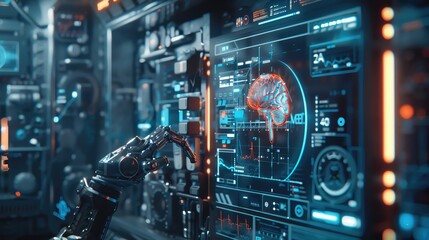 Poster - Futuristic robotic arm interacting with advanced digital interface showing brain scan in high-tech control room.