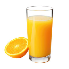 orange glass juice and a single one orange cut in half cut out background