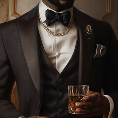 Close-up of an African-American man wearing a tuxedo raising a glass to make a toast..