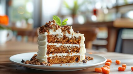 Wall Mural - Delicious Slice of Carrot Cake with Frosting and Nuts