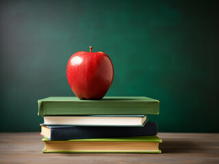 Canvas Print - Stack of books with a red apple on top, contrasted by a dark backdrop