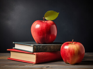 Canvas Print - Books and a red apple with a blackboard displaying writing