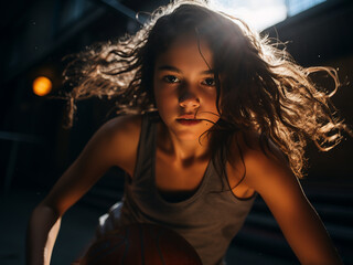 Canvas Print - Dark-haired young girl running around a basketball court with an orange ball in the evening