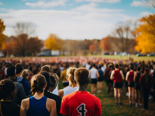 Canvas Print - Teams positioning at the start of a high school boys� 5k cross-country race