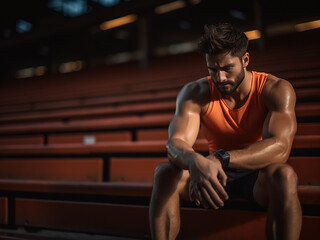 Canvas Print - Exhausted muscular runner resting after jogging at the stadium, healthy lifestyle