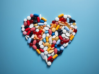 Canvas Print - Top view of a heart and assorted medicines on a blue surface