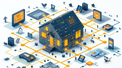 Poster - Smart home concept illustration with interconnected devices displaying automated system and network.
