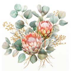 Wall Mural - Bohemian Illustration Fall. Exotic Protea Flower and Eucalyptus Bouquet with Watercolor and Gold Accents