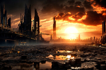 Poster - Ruins of city, apocalyptic urban landscape, doomsday. Scenery of futuristic apocalypse survivor, abandoned damage city, skyline. Global apocalyptic future conflict concept. Copy ad text space