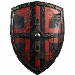 Wall Mural - Medieval shield with red and black cross design, showcasing weathered texture. Ideal for historical or fantasy themes.