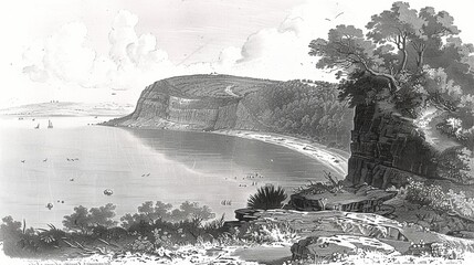 Wall Mural - A black and white drawing of a beach with a cliff in the background