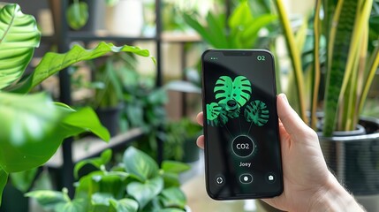 Smartphone carbon neutral CO2 tracker app in lush home garden