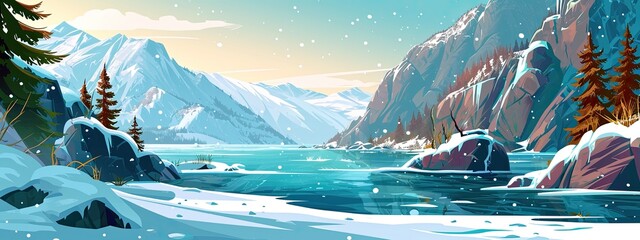 Winter landscape of Baikal lake in simple, cartoon illustration