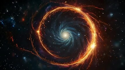 cinematic galaxy spiral nebula particles, glowing fire explosion, space dark background, animated vi