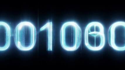 Fototapete - A digital interface with glowing blue lines, binary code, and geometric shapes, set against a dark background.