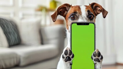 Dog portrait holding chroma key phone in paws, phone with green screen. vertical mock up for advertising, Dog using showing smartphone, online shopping, care, pet goods, veterinarian.