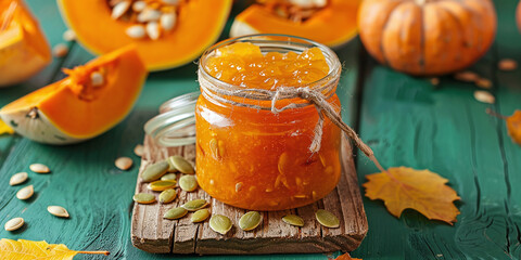 Jar of sweet pumpkin jam and seeds on green wooden background