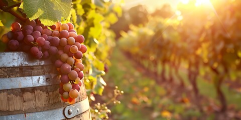 Wall Mural - A barrel of grapes is sitting on a vineyard. The grapes are ripe and ready to be picked. The scene is peaceful and serene, with the sun shining down on the grapes and the vineyard