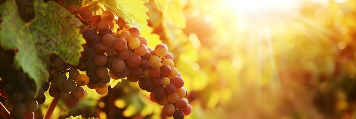 Wall Mural - A bunch of grapes hanging from a vine in the sun. The grapes are ripe and ready to be picked