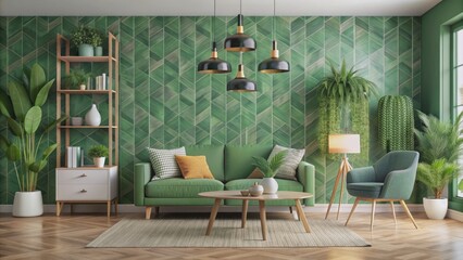 Sticker - Minimalist Green Living Room With Geometric Wallpaper and Pendant Lights. Generative AI