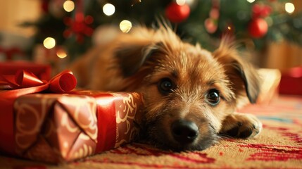 dog near the Christmas tree. christmas pets. happiness, celebration and fun. furry animals.