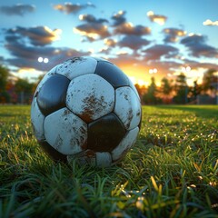 A vintage leather soccer ball with a classic design, displaying wear from games. Resting on green grass under a beautiful sunset, evoking nostalgia and the spirit of the game.