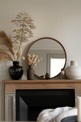 Canvas Print - Interior of modern living room with fireplace, mirror and plant.