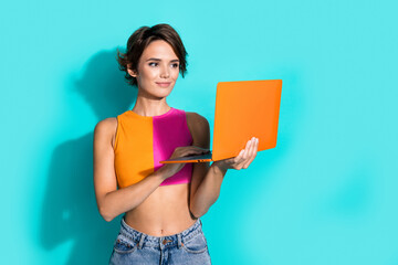 Sticker - Photo of adorable sweet woman wear pink orange top chatting instagram twitter telegram facebook empty space isolated teal color background