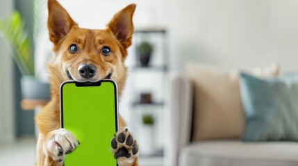 Dog portrait holding chroma key phone in paws, phone with green screen. vertical mock up for advertising, Dog using showing smartphone, online shopping, care, pet goods, veterinarian.
