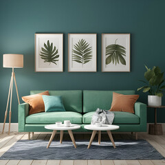 A realistic mock-up of a living room wall featuring three tables, captured in natural daylight at a 45-degree angle. The wall is adorned with framed artwork and decorative elements