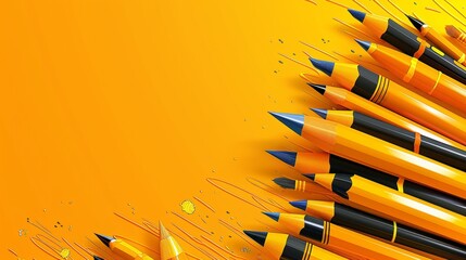 A row of pencils are lined up on a yellow background