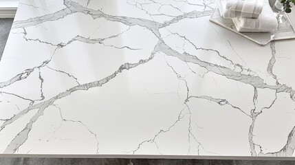 Wall Mural - A white marble counter top with a few cracks and a towel on top of it