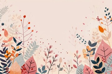 Poster - Autumn Leaves and Berries on Beige Background