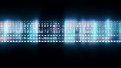 Poster - A close-up shot of a series of binary code sequences streaming across a black background, with a blue, white, and purple glow highlighting the digital information.