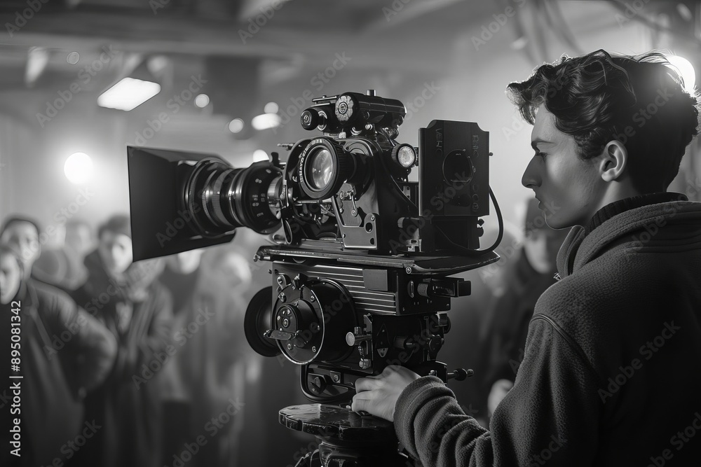Film event cinema concept. A filmmaker operates a vintage camera on set ...