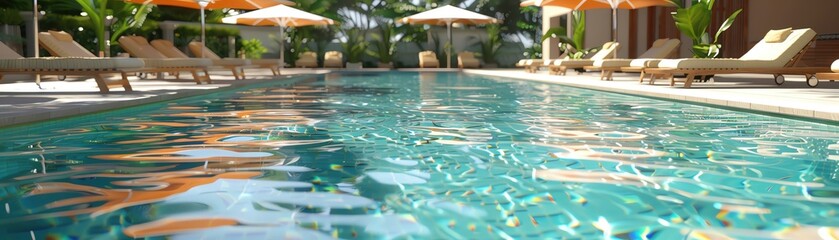 A stunning swimming pool surrounded by lush greenery and inviting sun loungers, perfect for relaxation and leisure.