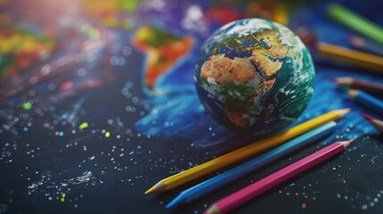 Wall Mural - The planet Earth is drawn with children's colored pencil 