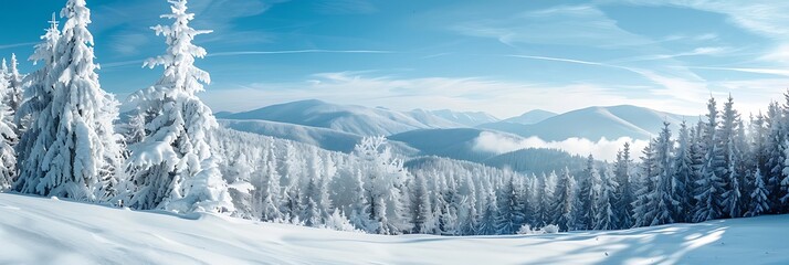 Wall Mural - mountain landscape covered in snow during winter, with a clear blue sky and pine trees, detailed textures and serene atmosphere, perfect for a winter-themed wallpaper