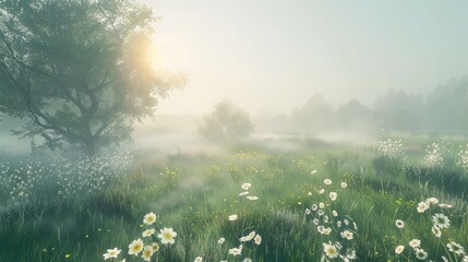 Wall Mural - Sunny meadow shrouded in morning mist