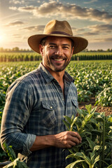 Portrait of smile man farmer in agriculture field at farm and plants background, happy look. Farming, pleased adult male in agriculture, small business owner. Good harvest concept. Copy ad text space