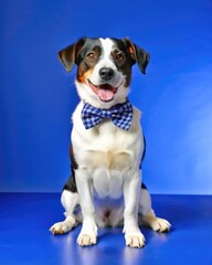 Poster - Smiling Dog Wearing a Blue Bowtie on a Blue Background. Generative AI