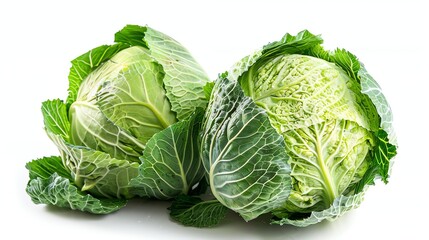 Two green cabbages isolated on white background.