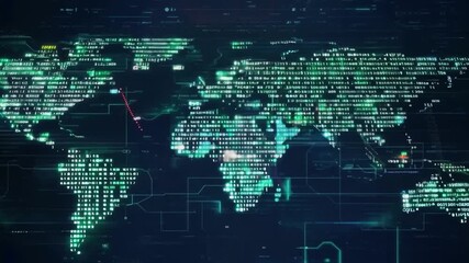 Leinwandbilder - A digital world map is displayed with continents formed by glowing green binary code on a dark background.