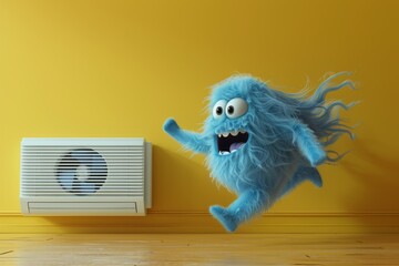 3D render of a blue furry character running towards an air conditioner on a yellow background